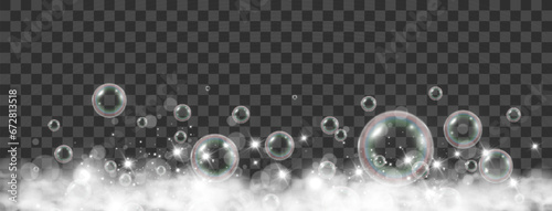 Air bubbles on a transparent background. Soap foam vector illustration.	

