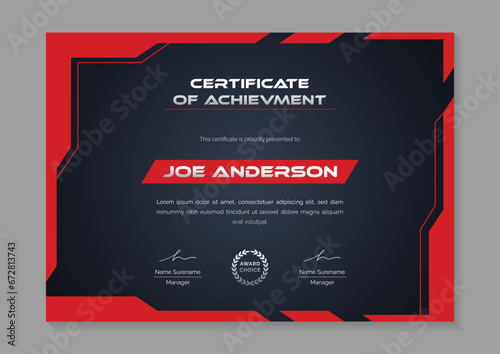 a4 red and black gaming certificate of achievement design template for competition with abstract futuristic gaming background