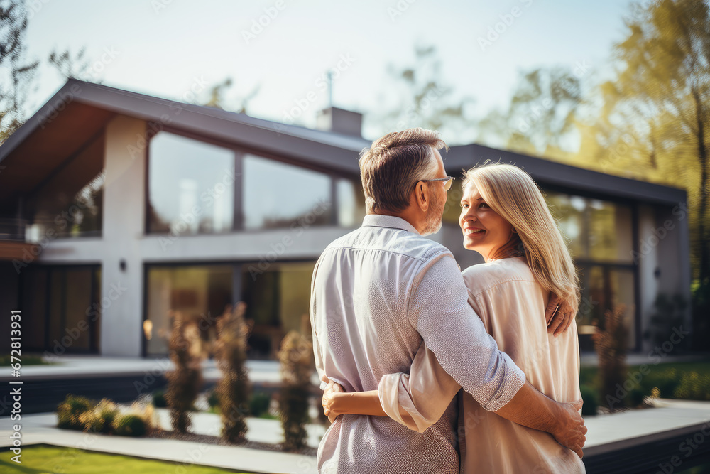 Fulfillment of dreams as a mature couple embraces in front of their new big modern house. Concept of homeownership, the joy of family life, and the realization of a housing dream. Fulfillment of dreams as a mature couple embraces in front of their new big modern house. Concept of homeownership, the joy of family life, and the realization of a housing dream.