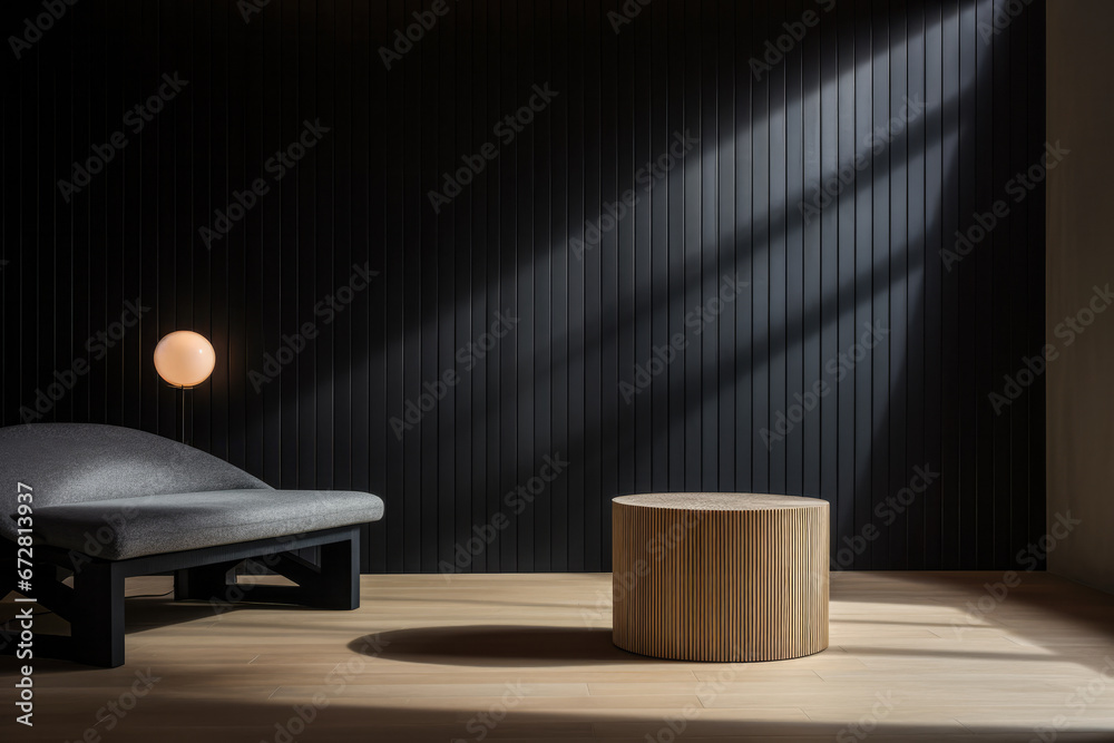 Interior room composition with grey wall panels and minimal decoration Interior room composition with grey wall panels and minimal decoration