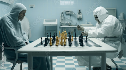 Death play chess with old man for soul at hospital ward. Scary grim reaper want to win human life. Short transience life concept. Senior person ready to die. Interesting game. photo