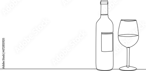 continuous single line drawing of bottle of wine and wine glass, line art vector illustration