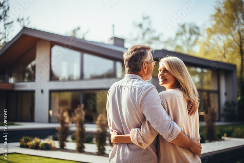 Fulfillment of dreams as a mature couple embraces in front of their new big modern house. Concept of homeownership, the joy of family life, and the realization of a housing dream. photo