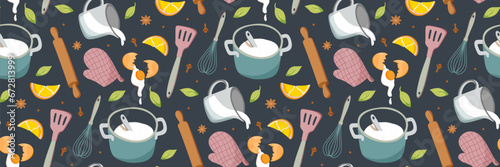 Pattern with Food icons and elements. Cookbook stickers, cute home menu. background for cooking.