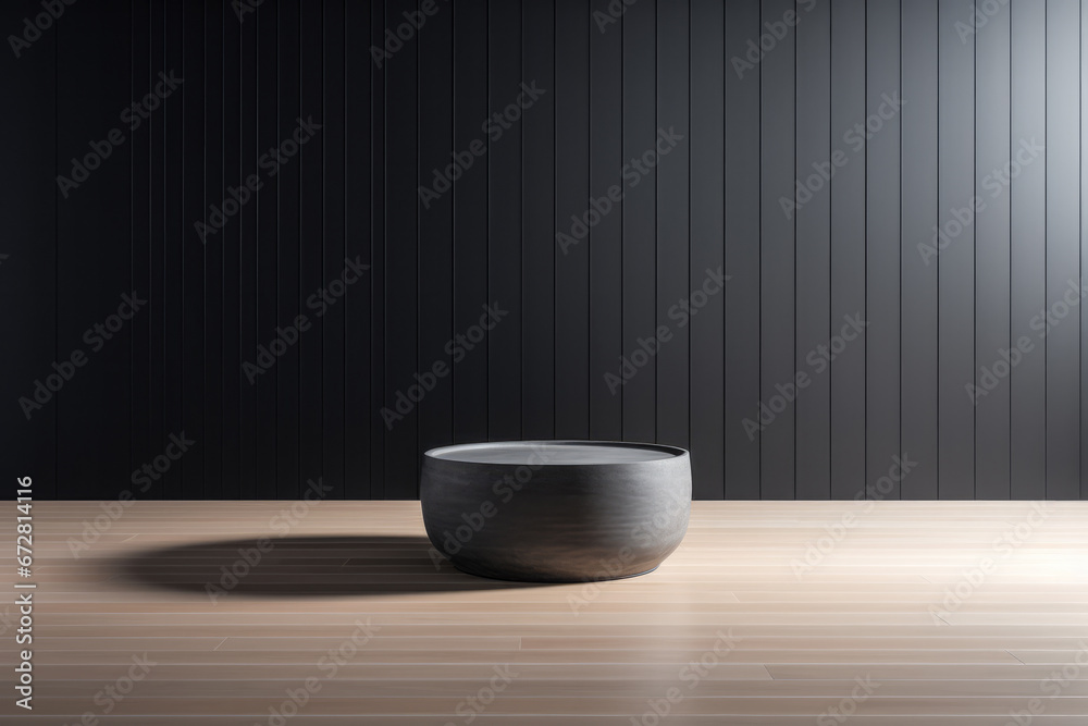 Interior room composition with grey wall panels and minimal decoration Interior room composition with grey wall panels and minimal decoration
