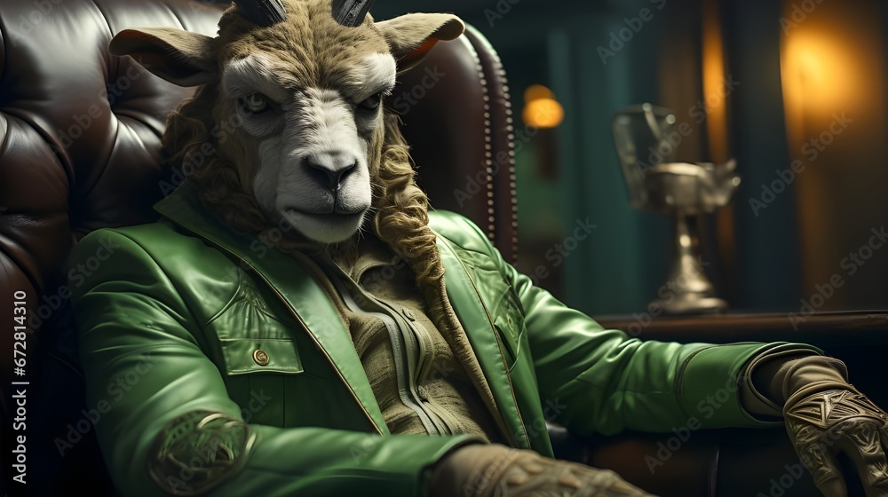 A photo-realistic image of a Bison in a green suit sitting in a leather armchair