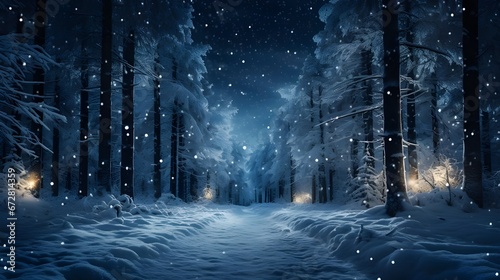 Winter background of snowy forest at night. The trees are tall and covered in snow. The sky is dark and filled with stars, Starry Winter Forest Scene