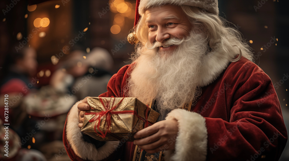 Happy smiling santa claus with Christmas gift in hand 