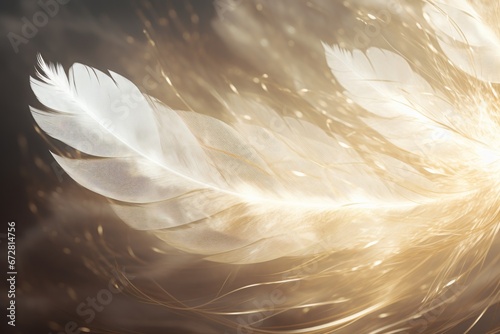 Ethereal golden feathers background, glowing light shines through, light and ...