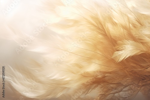 Ethereal golden feathers background, glowing light shines through, light and airy design photo