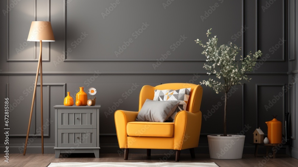 interior corner room with low cupboard, armchair, wooden floor lamp and gray walls interior corner room with low cupboard, armchair, wooden floor lamp and gray walls