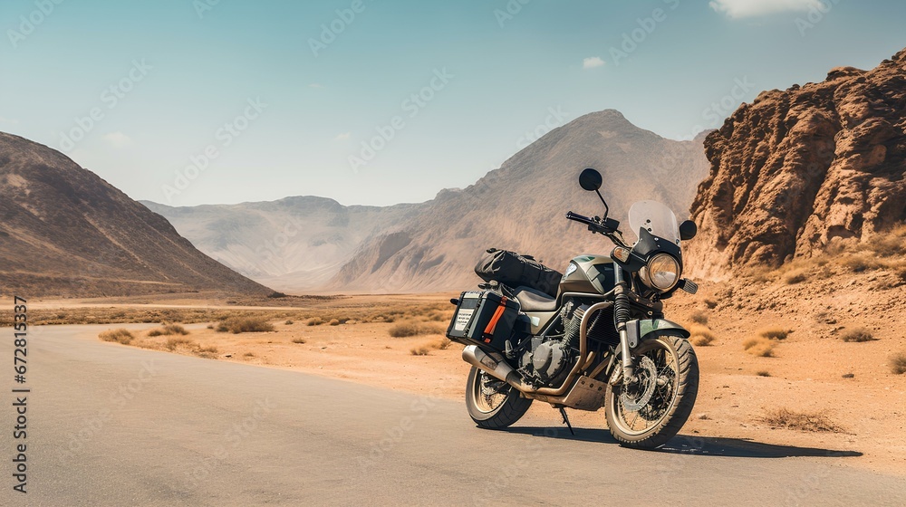 Motorcycle Parked on an Empty Road in the Desert. generative AI Motorcycle Parked on an Empty Road in the Desert. generative AI