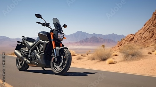Motorcycle Parked on an Empty Road in the Desert. generative AI © yj