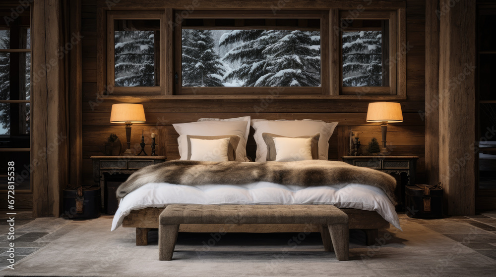 grand lit dans une chambre à l'intérieur d'un chalet en bios à la montagne l'hiver - obrazy, fototapety, plakaty 