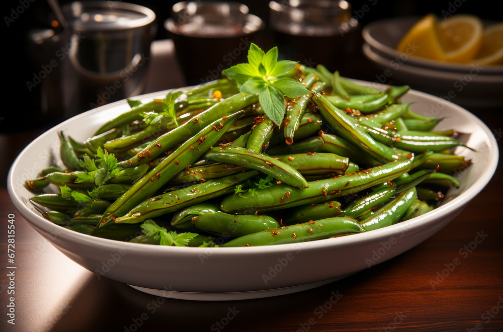 Ceramic bowl with Sautéed Chili Garlic Green Beans on wooden table. Horizontal, side view. Ceramic bowl with Sautéed Chili Garlic Green Beans on wooden table. Horizontal, side view.