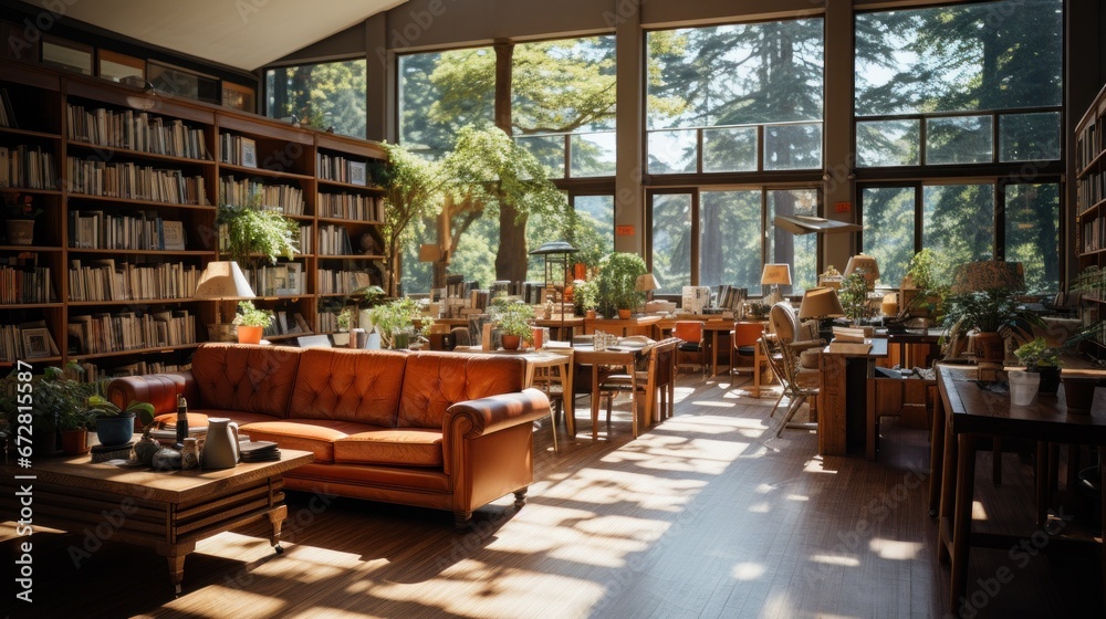 A comfortable library with neatly arranged tables and books with lighting from the windows A comfortable library with neatly arranged tables and books with lighting from the windows
