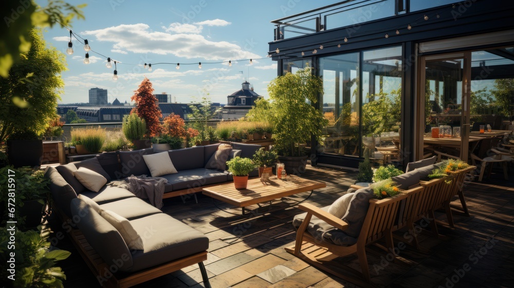 Large open rooftop terrace with relaxing space with plants with city views