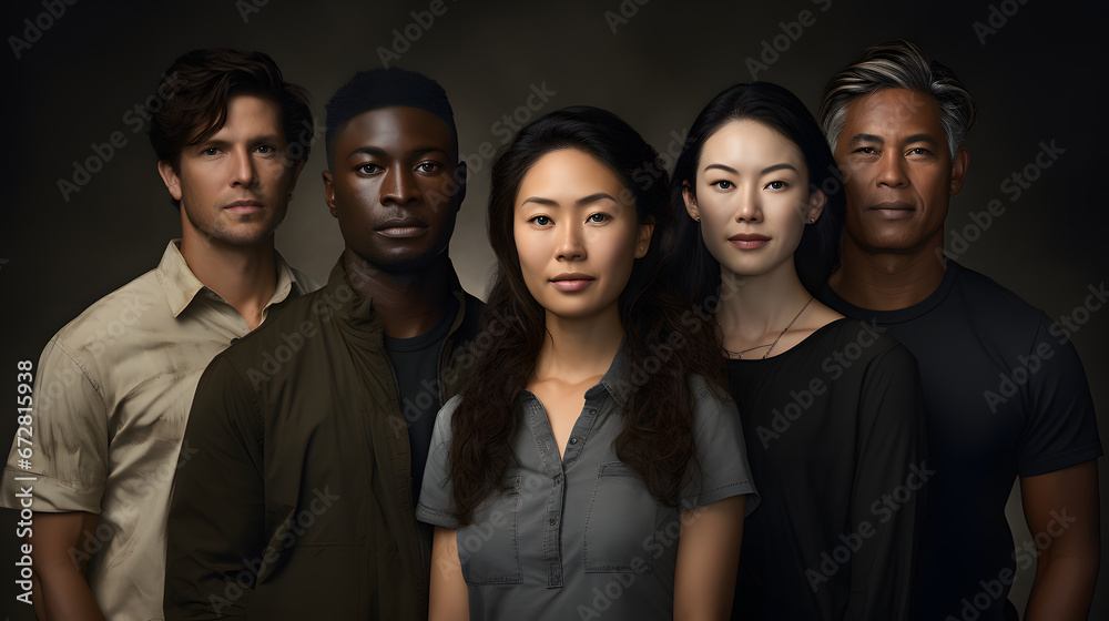Group of asian and caucasian men and women standing together and looking at camera Group of asian and caucasian men and women standing together and looking at camera