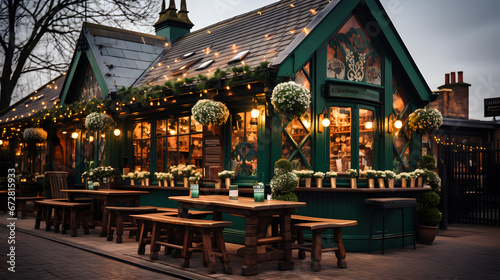 A traditional Irish pub, with green decorations as the background, during the lively St. Patrick's Day evening