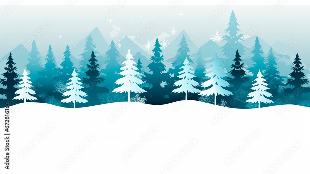 minimalist green  and white christmas background line art illustration with trees, snow and stars, Xmas card background banner, copy space for text