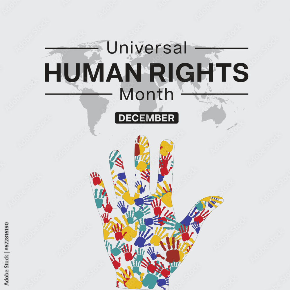 Universal Human Rights Month design with a hand cover by colorful hand print. Vector illustration Universal Human Rights Month design with a hand cover by colorful hand print. Vector illustration