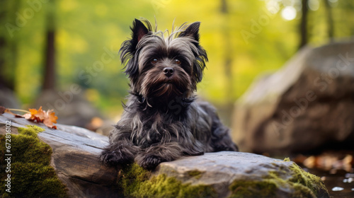 An Affenpinscher embraces the beauty of the fall woods, surrounded by autumn leaves. © Valeriia