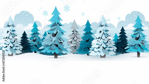 minimalist green and white christmas background line art illustration with trees, snow and stars, Xmas card background banner, copy space for text