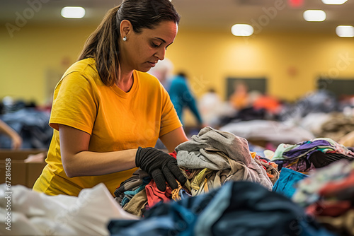 Volunteers sorting out donated clothes in community charity donation center. Donations for charity, help low income, poor families, migrants, refugees