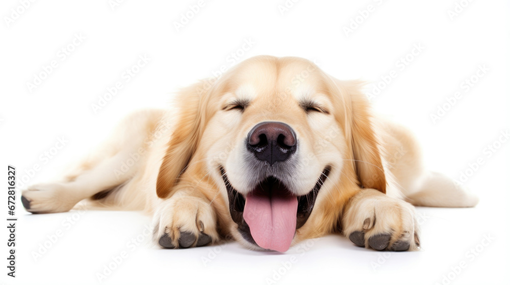 Obraz premium Happy Labrador Retriever Lying on White Background.