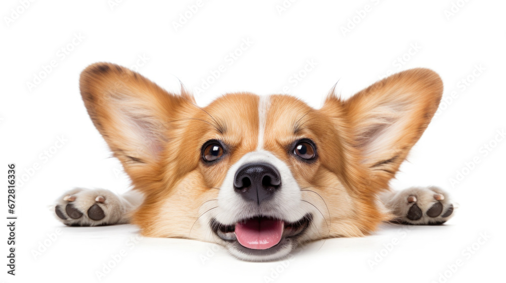 A comical Corgi strikes a humorous pose against a pristine white backdrop, bringing laughter to any project. A comical Corgi strikes a humorous pose against a pristine white backdrop, bringing laughter to any project.