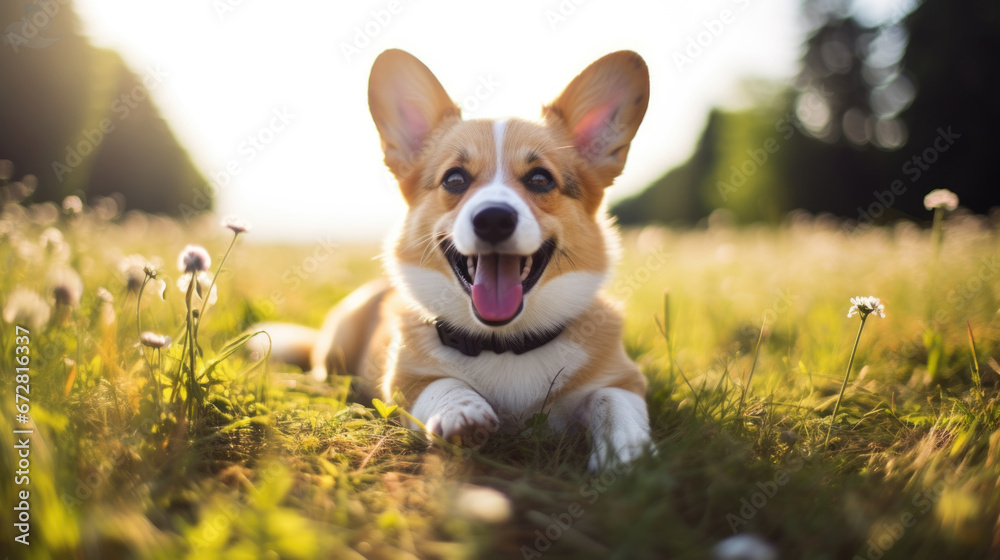 Happy corgi on the grass walking in the forest.
