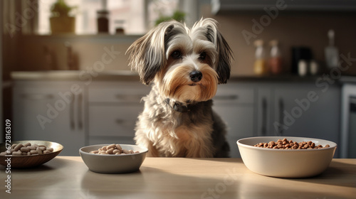 A hungry dog patiently waits next to its full food bowl