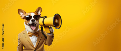 A dog with a loudspeaker commands attention on a vibrant yellow background, ready to make some noise.
