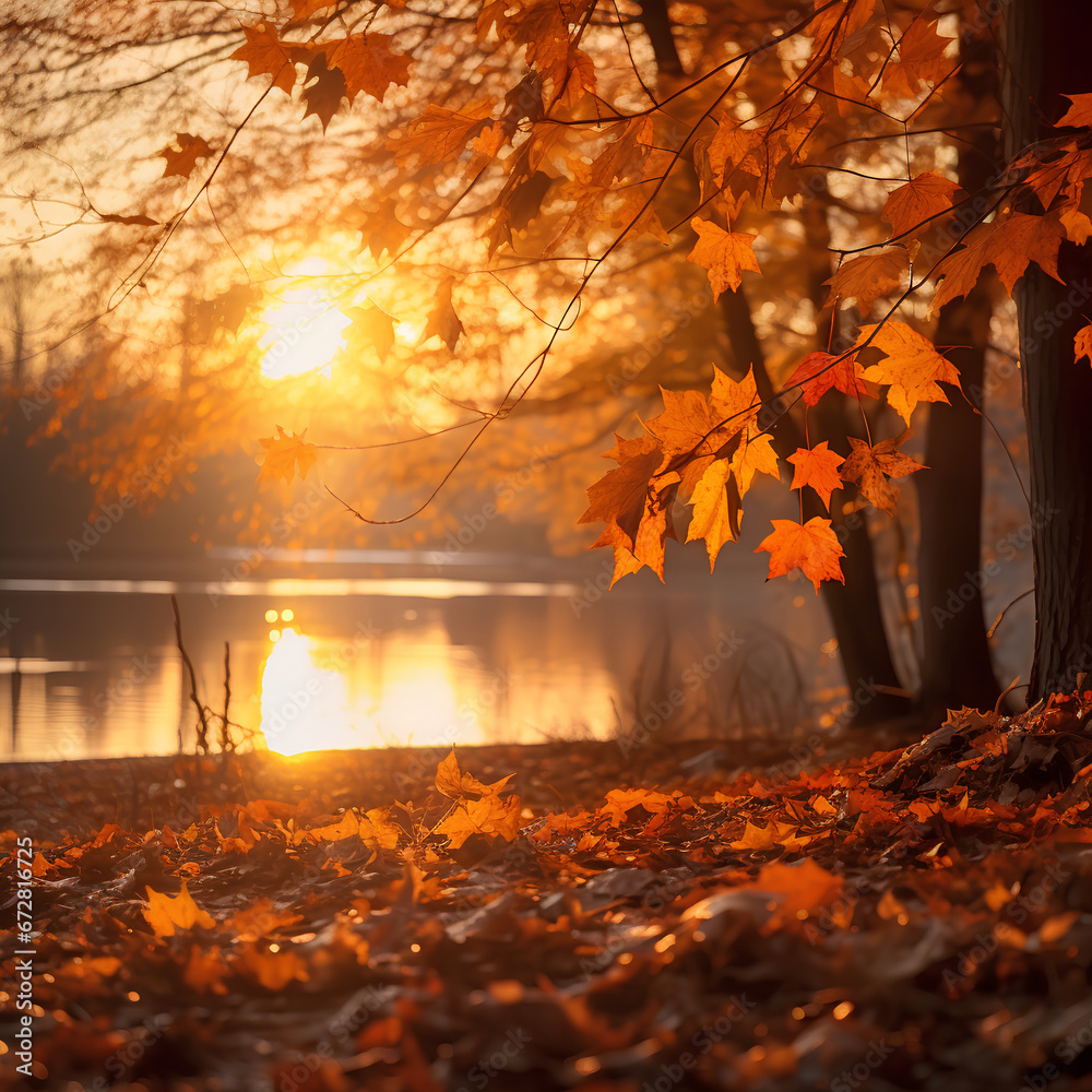 autumn in the park, sunset over the park´s lake 