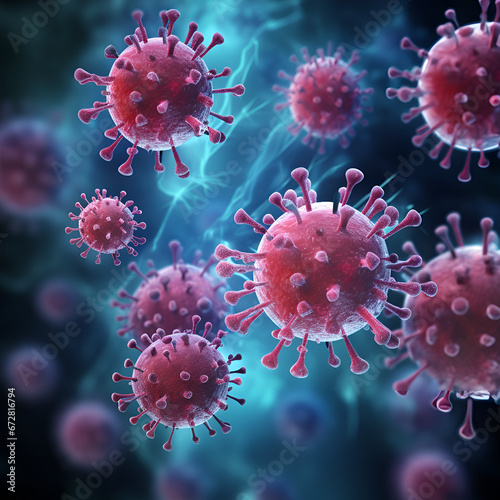 corona virus 2019-ncov flu outbreak, covid-19 3d banner illustration, microscopic view of floating influenza virus cells © Sweet_Harmony💙💛