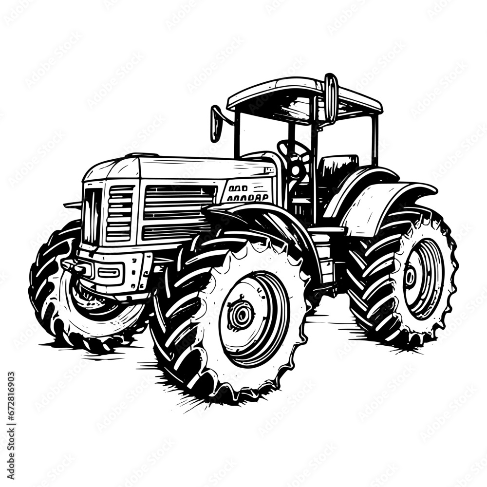 Farmer farming tractor woodcut sketch style drawing vector illustration