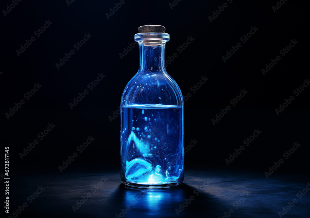 A blue bottle of liquid on it A blue bottle of liquid on it