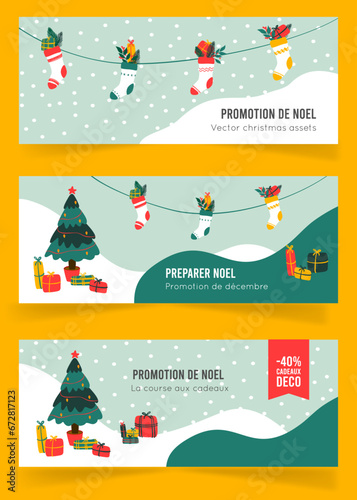 Banniere de Noël pour site web et newsletter, fond pour carte de vœux, bonne année, sapin de noel, cadeaux, chaussette de Noël, illustration vectorielle