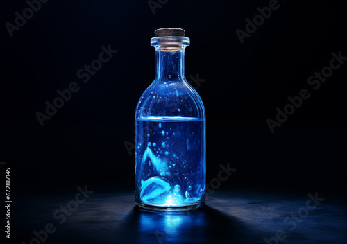 A blue bottle of liquid on it