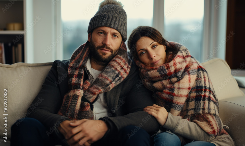 Winter fuel and energy costs. People wearing blankets and hats indoors to keep warm Winter fuel and energy costs. People wearing blankets and hats indoors to keep warm
