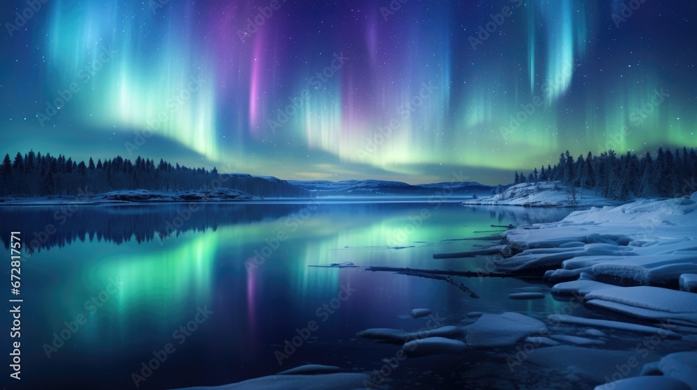 Polar lights reflecting off a frozen lake
