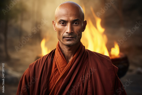 Male Asian Buddhist monk dressed in traditional clothes