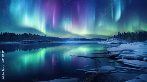 Polar lights reflecting off a frozen lake