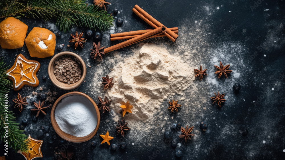 Festive preparation of homemade gingerbread cookies, surrounded by an array of aromatic spices and baking ingredients on a rustic tabletop.