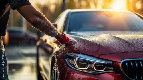 A Skilled Man Meticulously Cleaning and Polishing a Vehicle with a Microfiber Cloth for a Flawless Finish