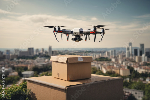 A postal drone delivers a parcel box to a customer against the background of a city