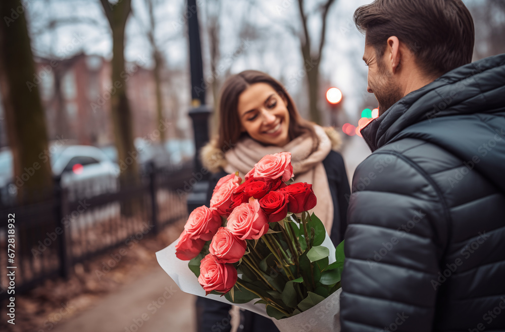 A young adult couple gives each other a bouquet of flowers for valentine's day.