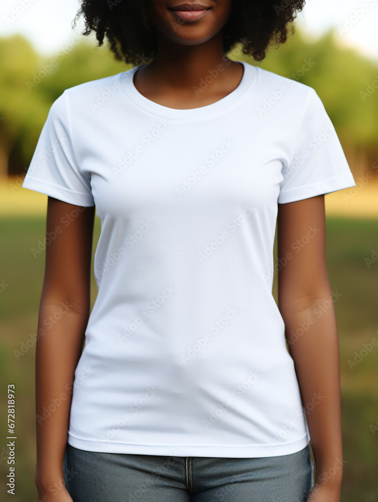 A young black female model wearing a white t-shirt, mokcup, no face A young black female model wearing a white t-shirt, mokcup, no face