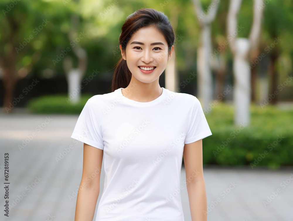 A young confident Asian female model wearing a white T-shirt, mokcup A young confident Asian female model wearing a white T-shirt, mokcup