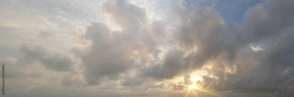 Romantic spirit sun rays on panoramic sky with cloud. Heaven background